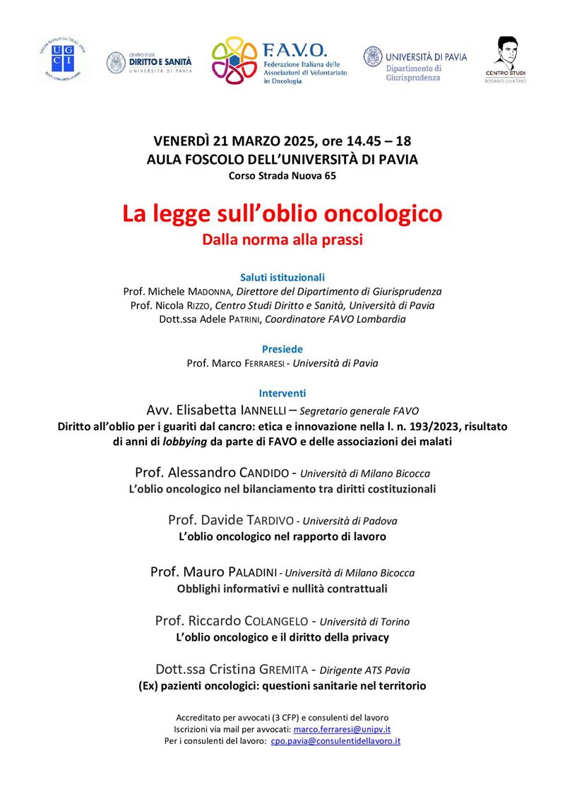 La legge sull'oblio oncologico. Dalla norma alla prassi - Seminario di studi